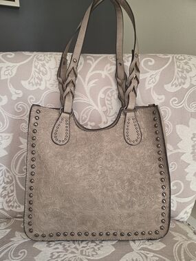 Stud-Trim Taupe Floral Embossed Bag